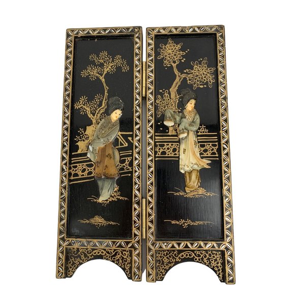 VTG Mini Two Panel Japanese Relief Art Screens Byobu Geishas Decor 6768 - Picture 2 of 16
